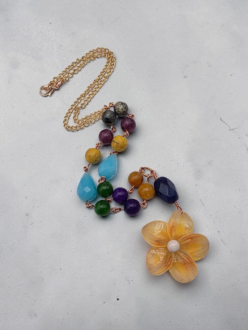 Gold-Chain Multicolor Beaded Necklace with Yellow Flower Pendant